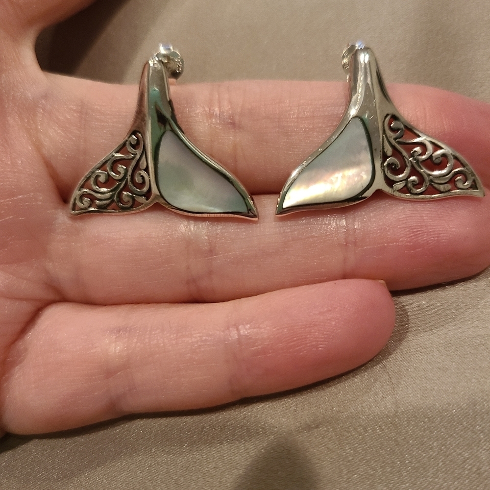 Mother Of Pearl Filigree Whale Tail Sterling Silver Earrings